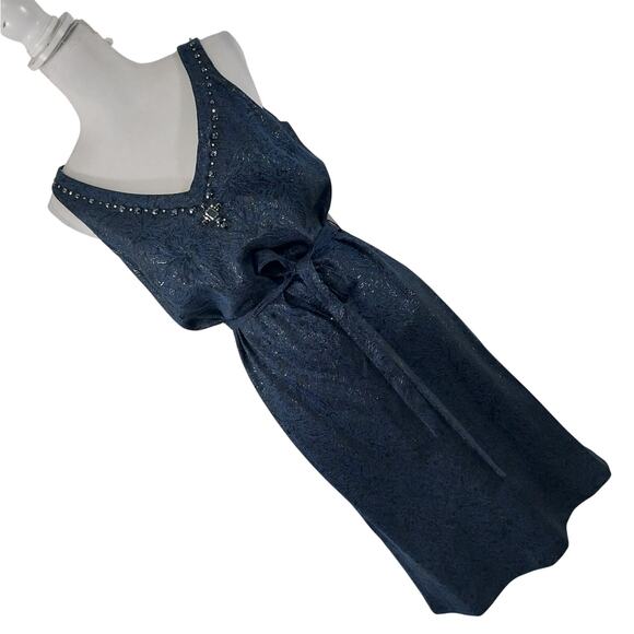 KM COLLECTION/MILLA BELL! NAVY BLUE, BLACK, JEWELED NECKLINE BELTED DRESS! SZ 10 - Picture 1 of 12